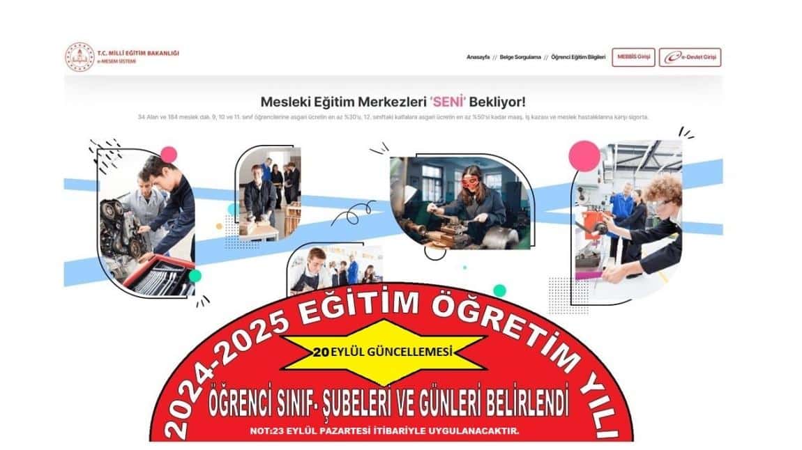 23 EYLÜL 2024 İTİBARİYLE UYGULANACAK DERS PROGRAMINA GÖRE OLUŞAN SINIF-ŞUBELER VE OKUL GÜNLERİ